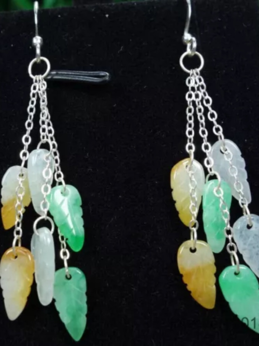 Certified Green+Icy white+Yellow Burma 100% Natural A jadeite Jade Earring叶子耳坠